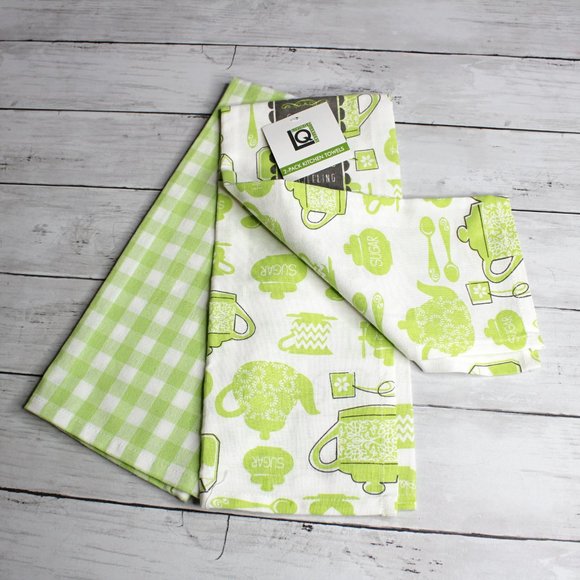 Living Quarters Kitchen Towel Set Green White Tea Pots 100% Cotton - Picture 3 of 6